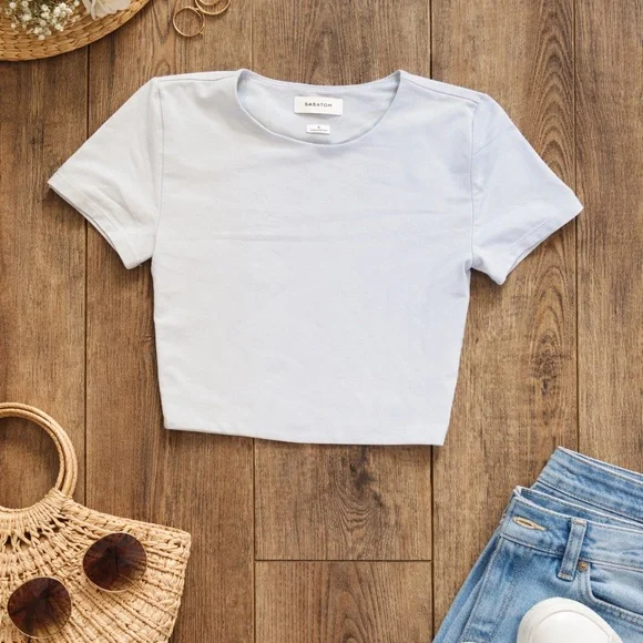 Babaton Aritzia Grey Cropped Short Sleeve Top Stretch Nylon Size S Minimalist - Picture 1 of 7